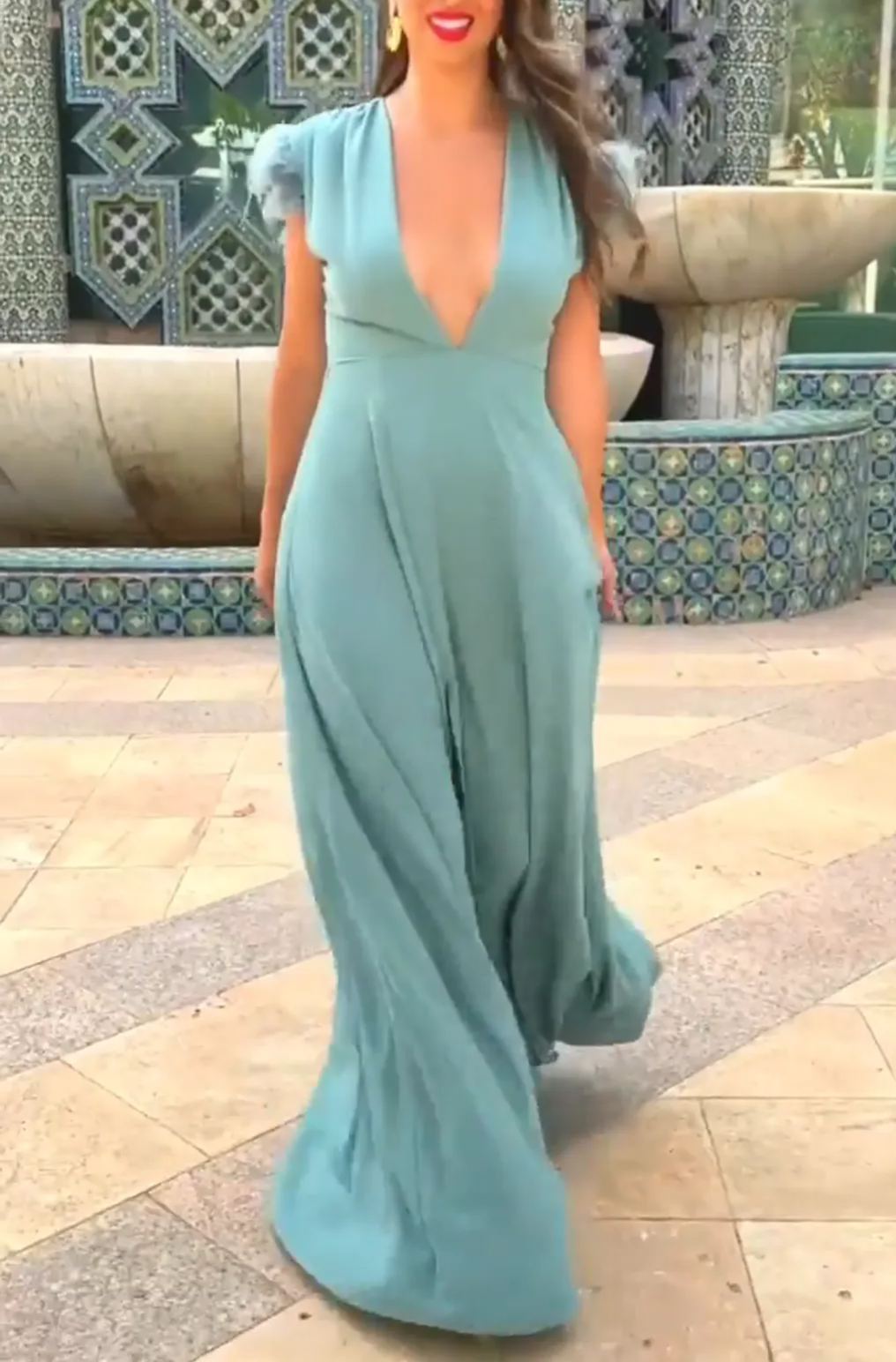 Mint feather-trimmed deep V-neck slit maxi dress