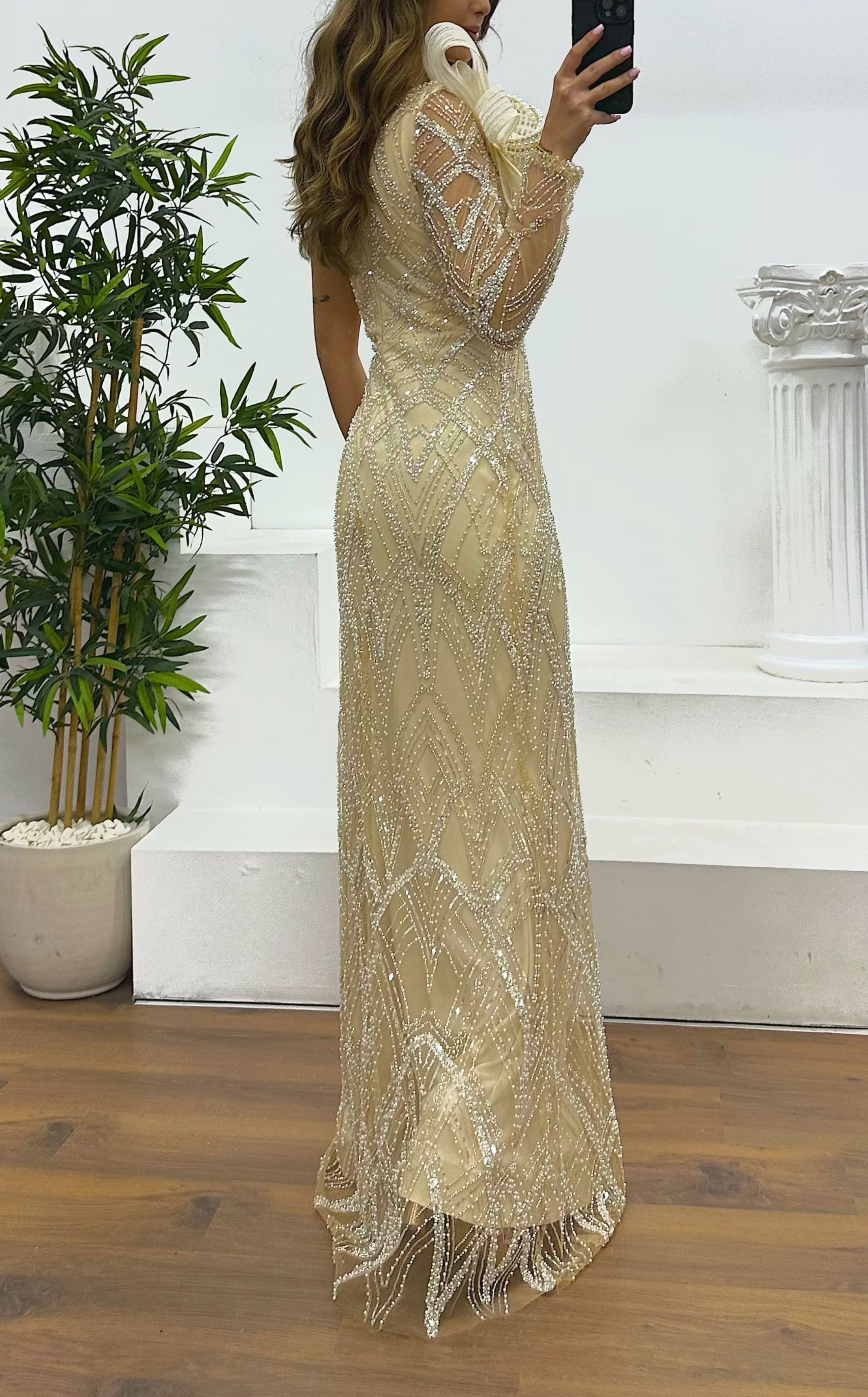 Single Sleeve Embroidered Evening Dress