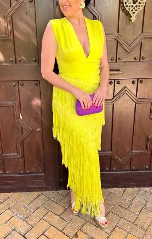 Mustard Draped V-Neck Fringe Dress