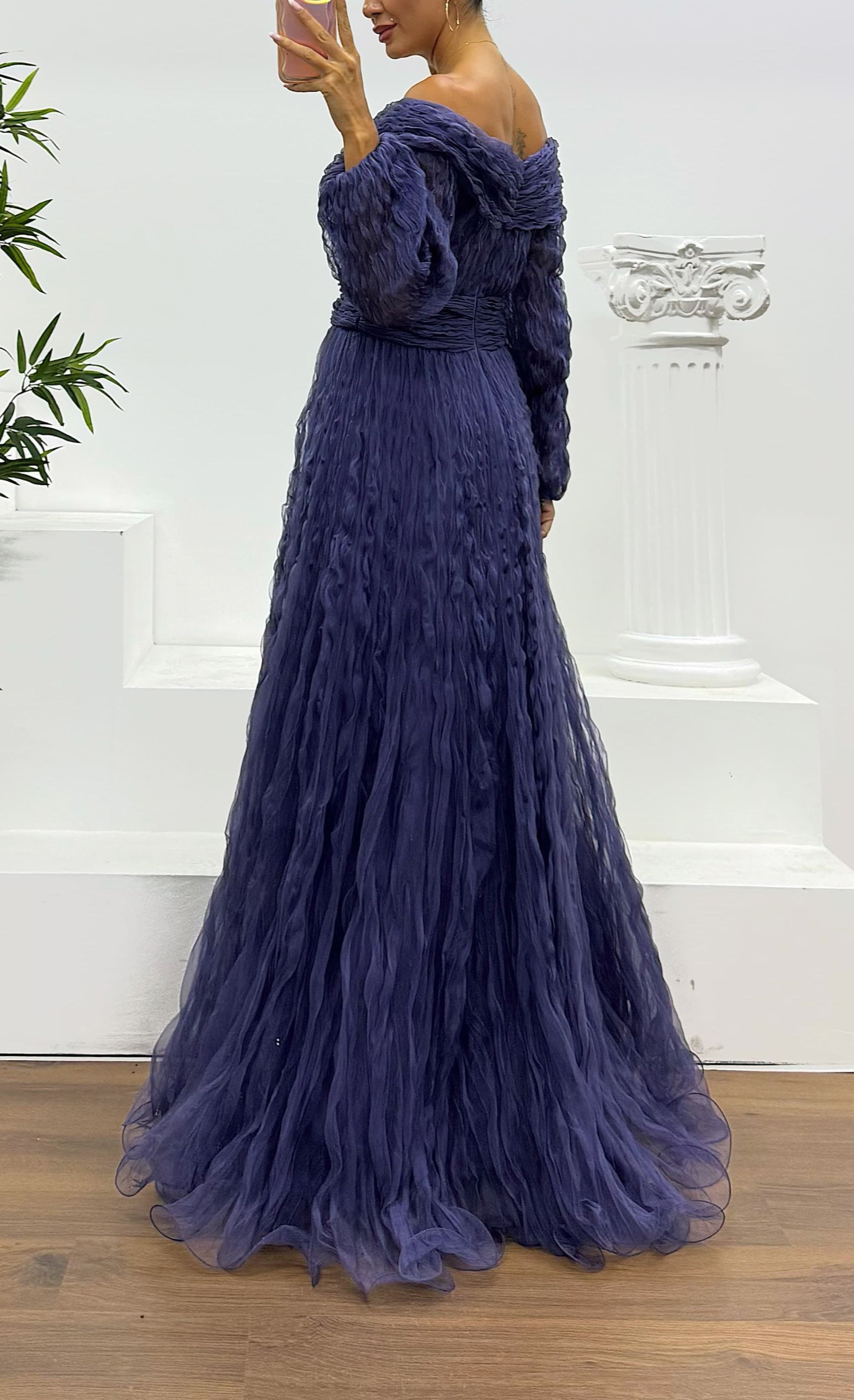 Boat Neck Crepe Evening Dress