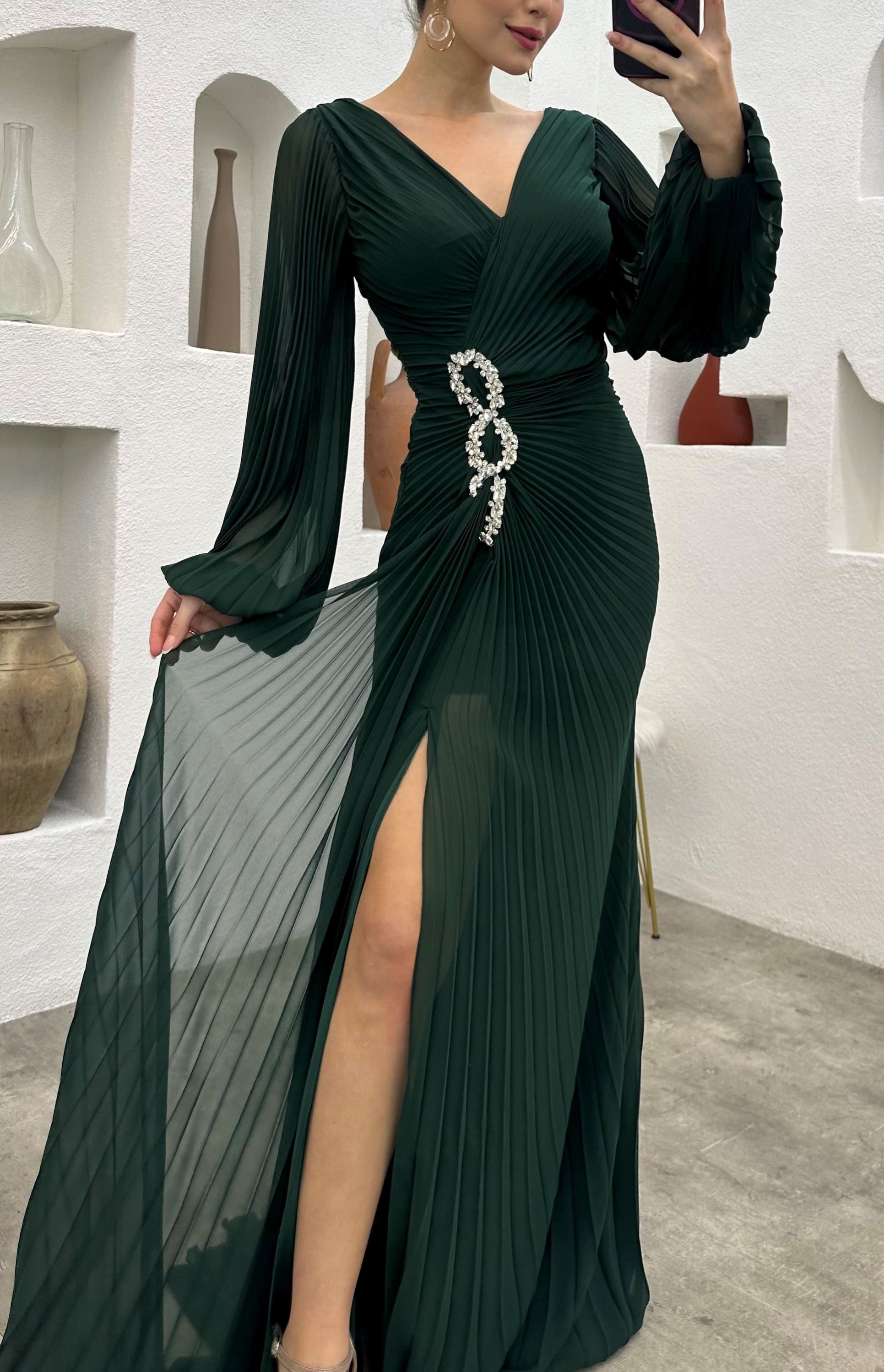 Waist Embroidered Pleated Evening Dress
