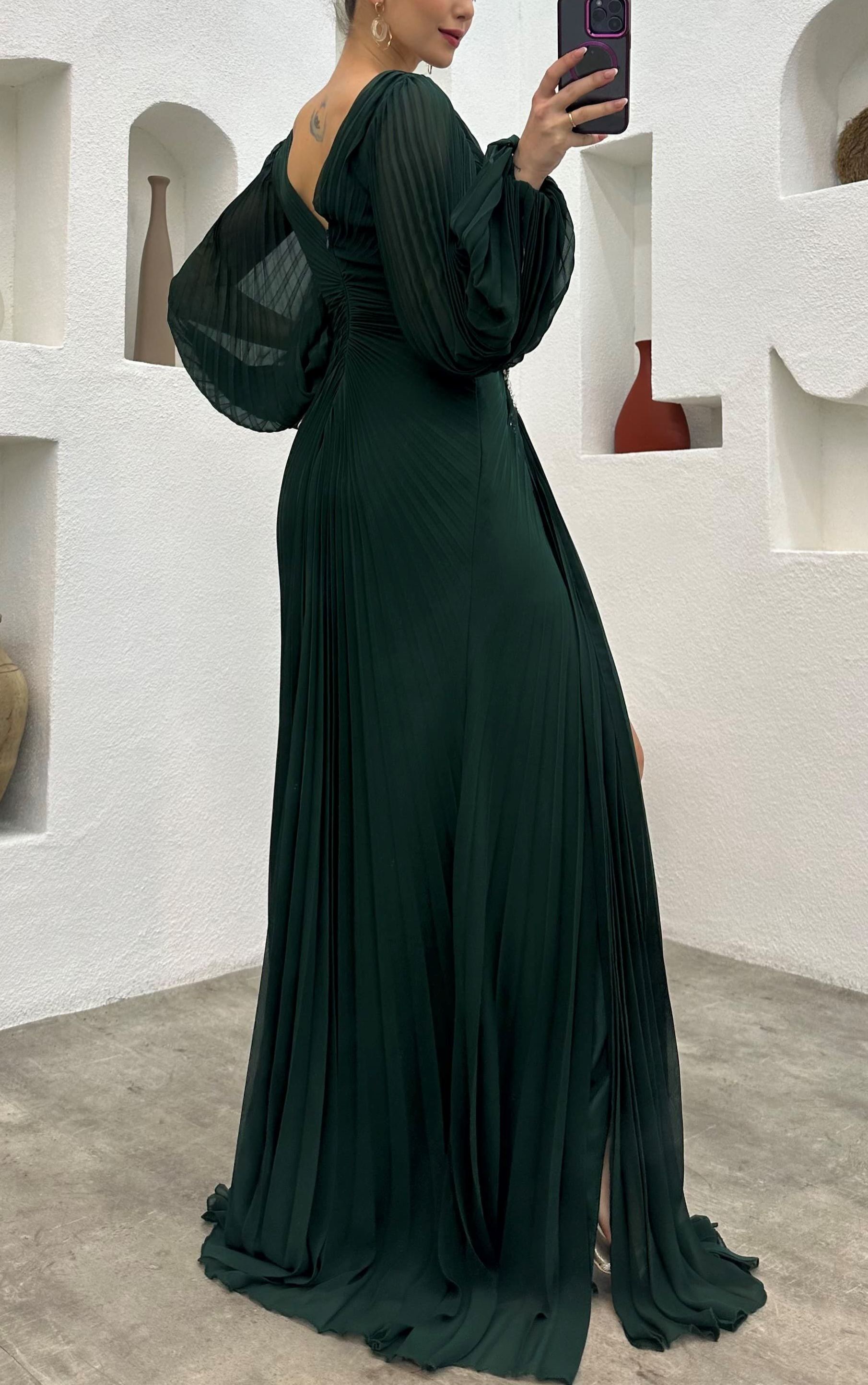 Waist Embroidered Pleated Evening Dress