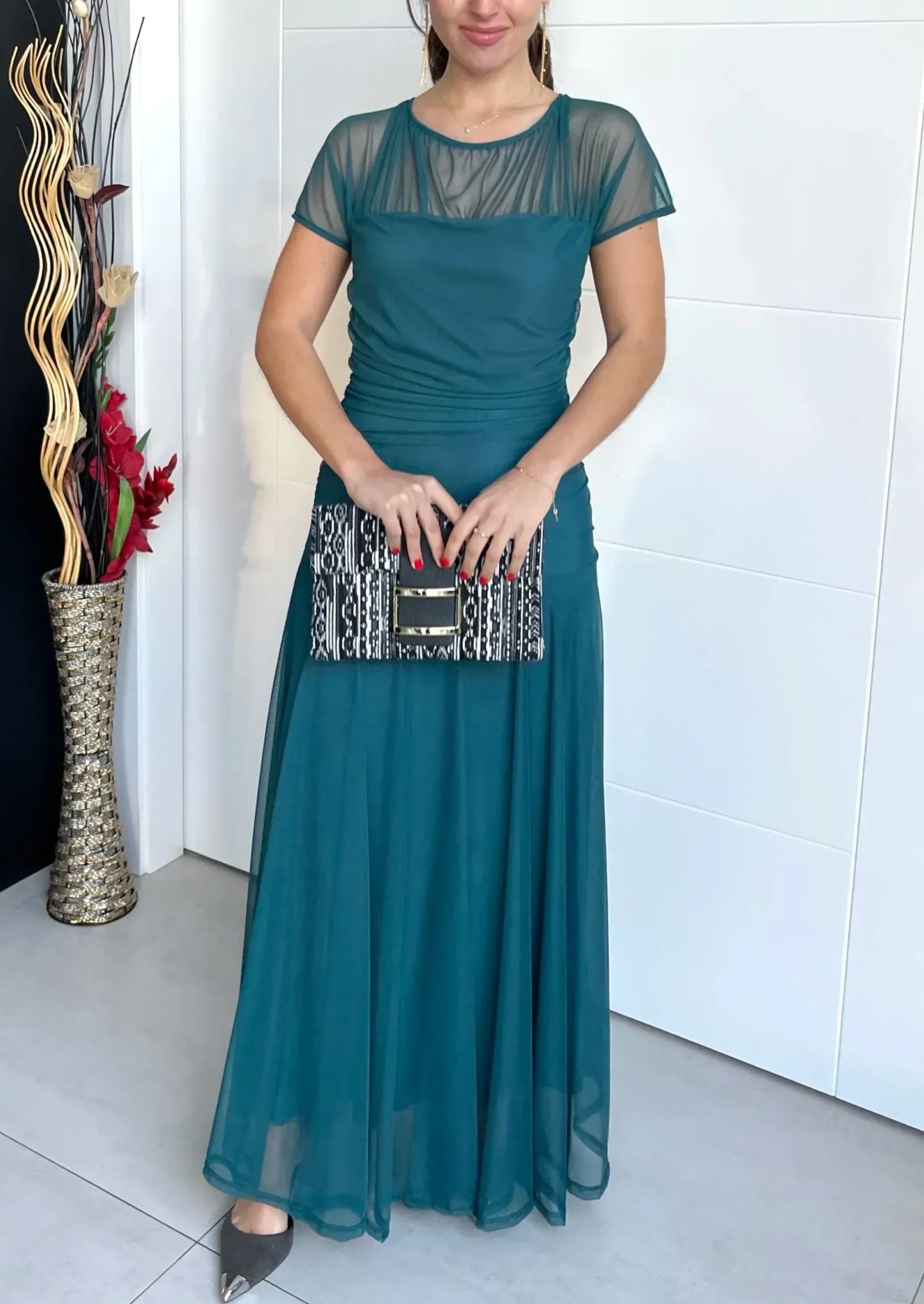 Navy Blue Sheer Yoke Ruched Tulle Dress