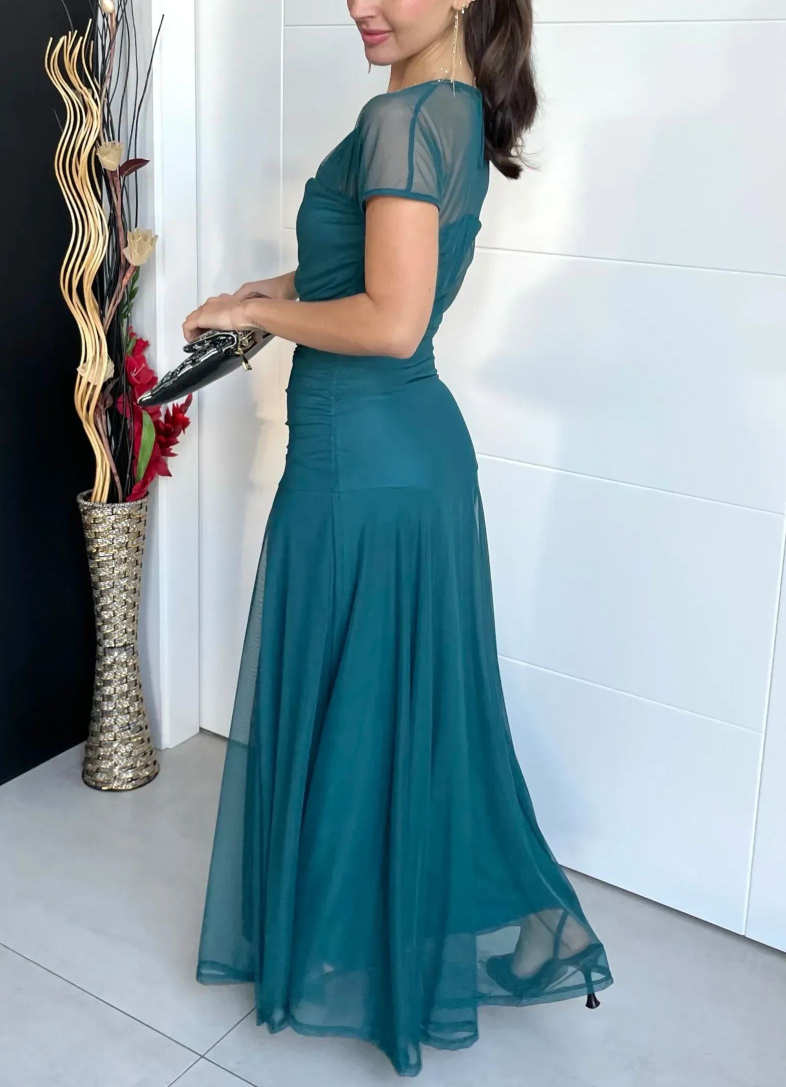 Navy Blue Sheer Yoke Ruched Tulle Dress