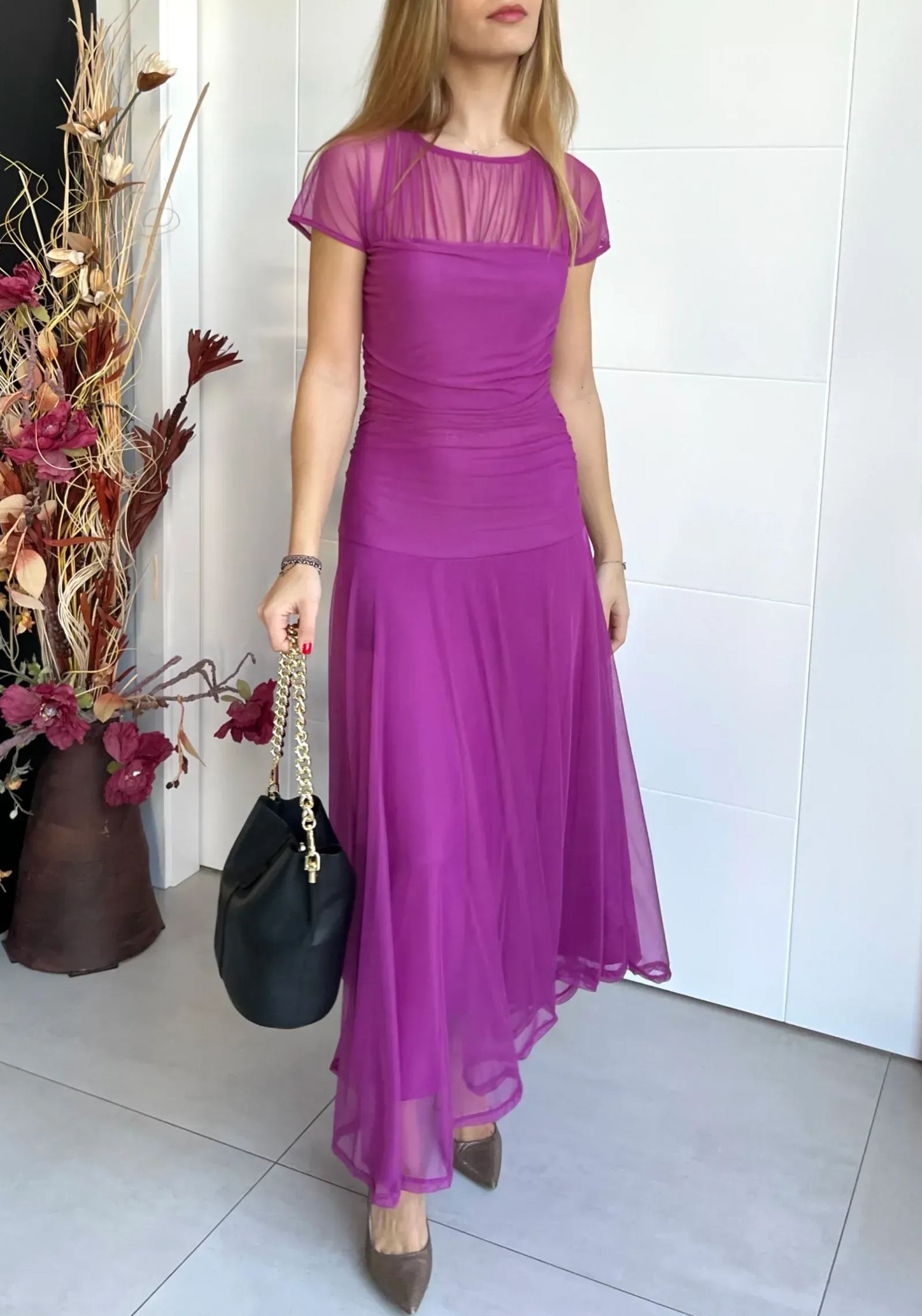 Navy Blue Sheer Yoke Ruched Tulle Dress