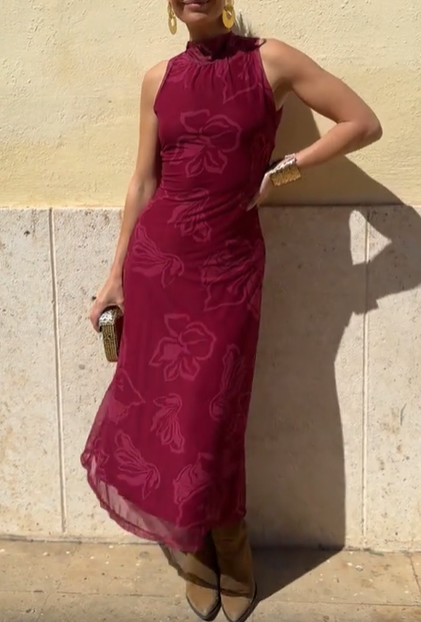 Sleeveless Floral Embossed Midi Dress with Tie-Back