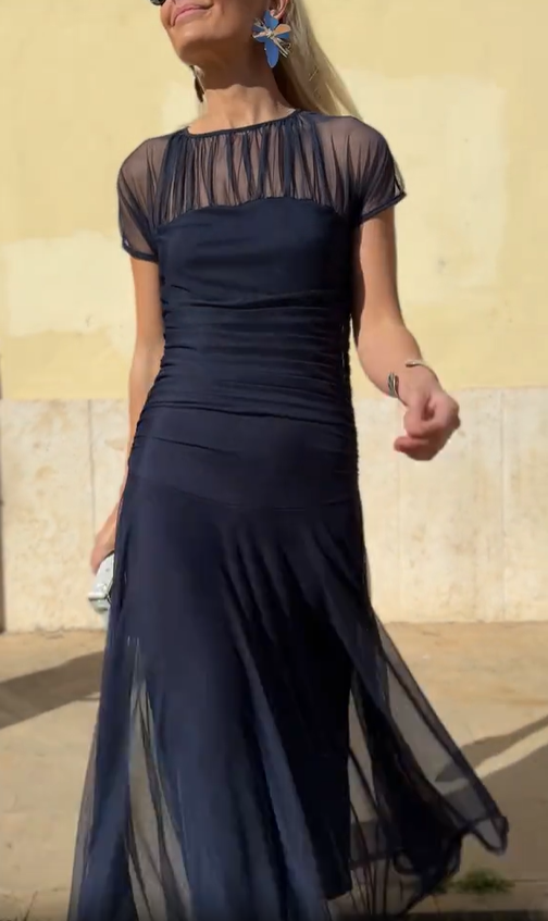 Sheer Yoke Ruched Tulle Dress