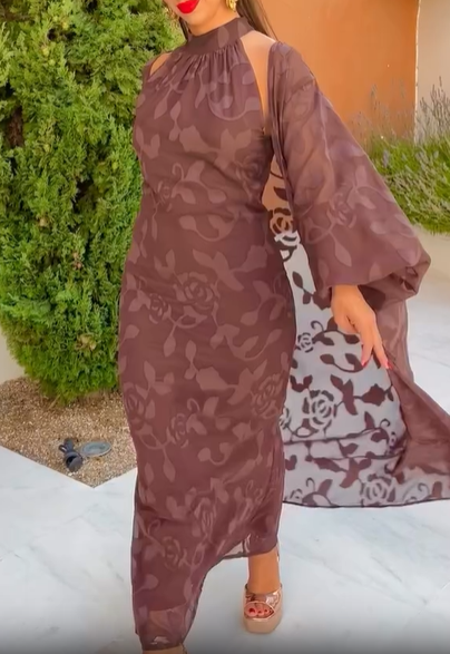 Sheer Sleeve Floral Two-Piece Gown Set