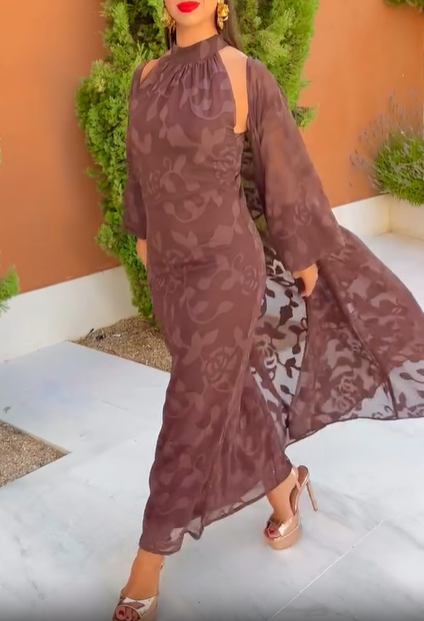 Sheer Sleeve Floral Two-Piece Gown Set