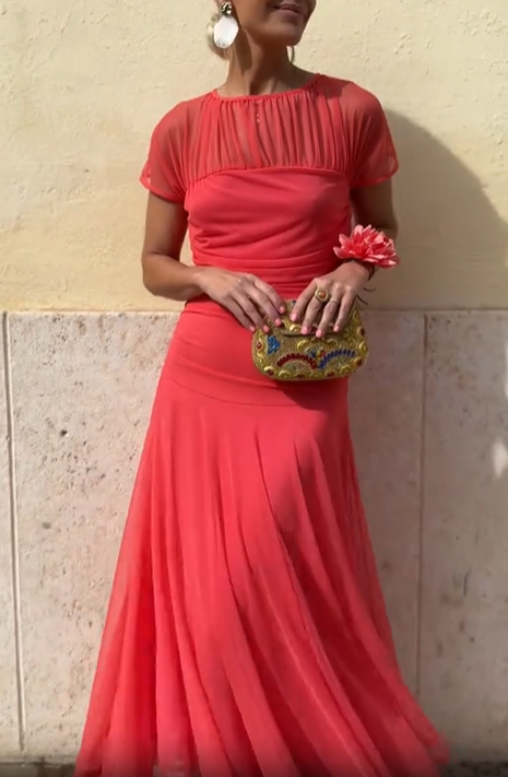 Sheer Yoke Ruched Tulle Dress