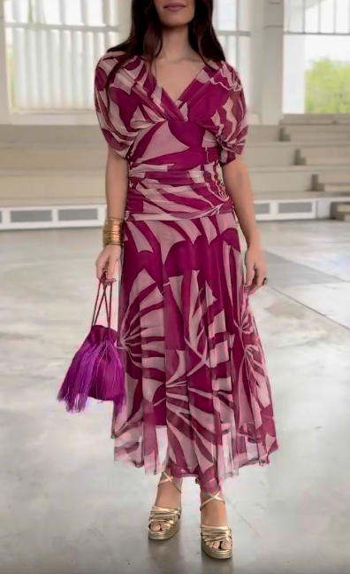 Printed bubble sleeve V-neck dress