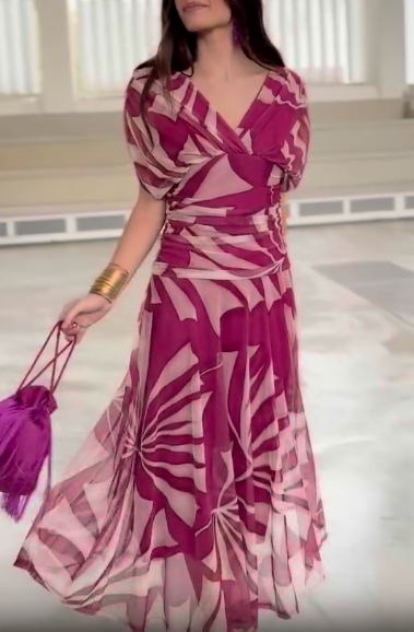 Printed bubble sleeve V-neck dress