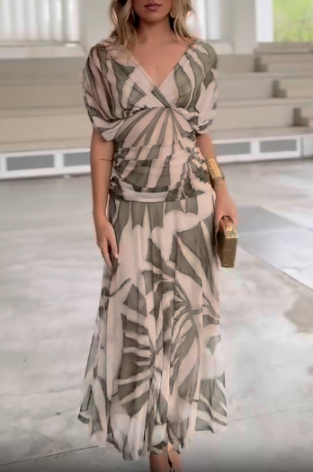 Printed bubble sleeve V-neck dress