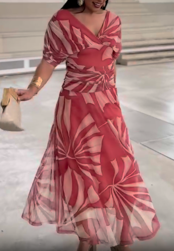 Printed bubble sleeve V-neck dress