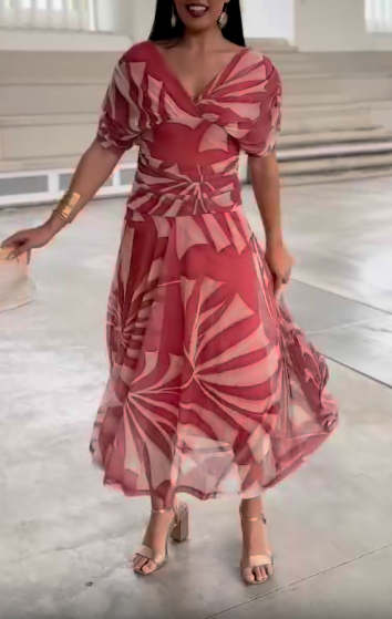 Printed bubble sleeve V-neck dress