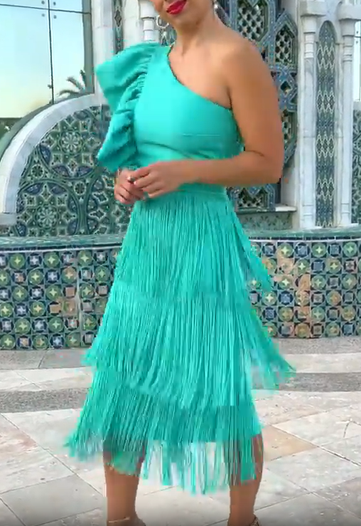 One-shoulder tassel-trimmed dress