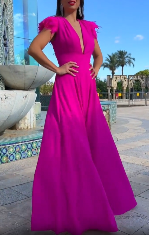 Fuchsia feather-trimmed deep V-neck slit maxi dress