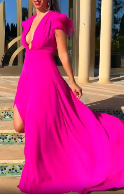 Fuchsia feather-trimmed deep V-neck slit maxi dress