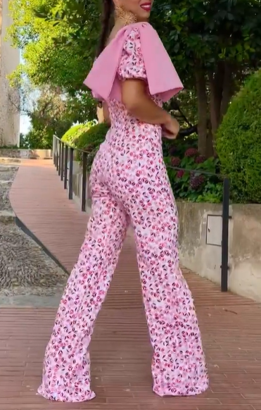 Puff-Sleeve Shoulder-Embellished Printed Jumpsuit