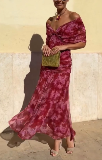 Fuchsia Elegant Tie-Dye Off-Shoulder Dress