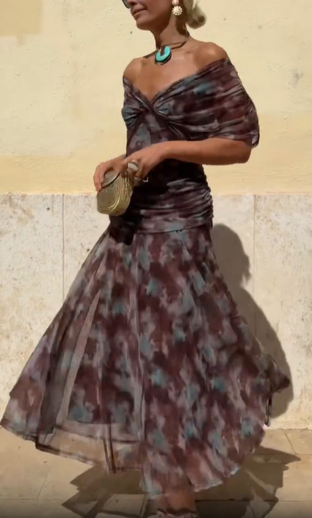 Brown Elegant Tie-Dye Off-Shoulder Dress