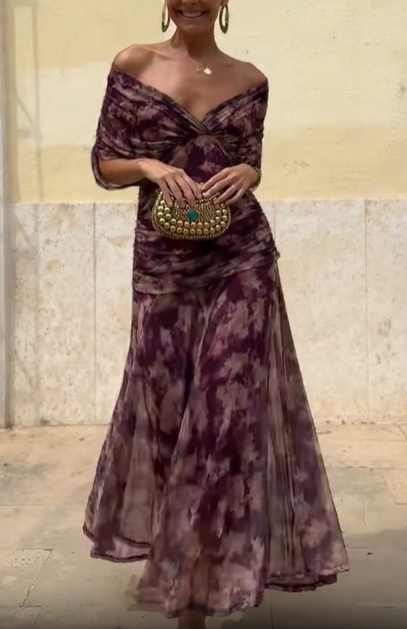 Purple Elegant Tie-Dye Off-Shoulder Dress