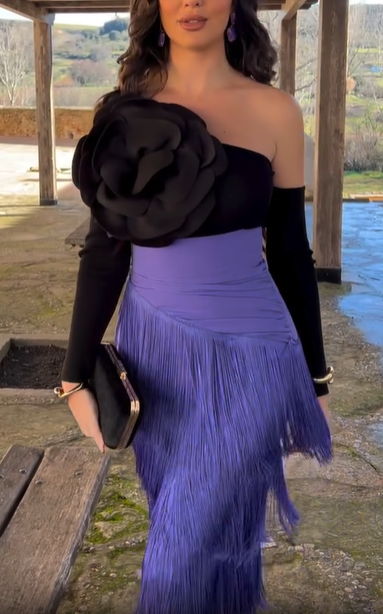 One-Shoulder Floral Fringe Skirt Set