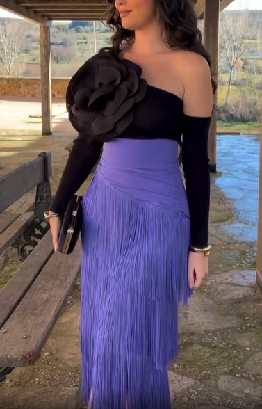 One-Shoulder Floral Fringe Skirt Set