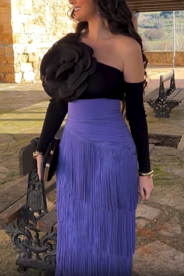 One-Shoulder Floral Fringe Skirt Set