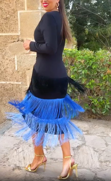 Tiered Fringe Long - Sleeve Dress