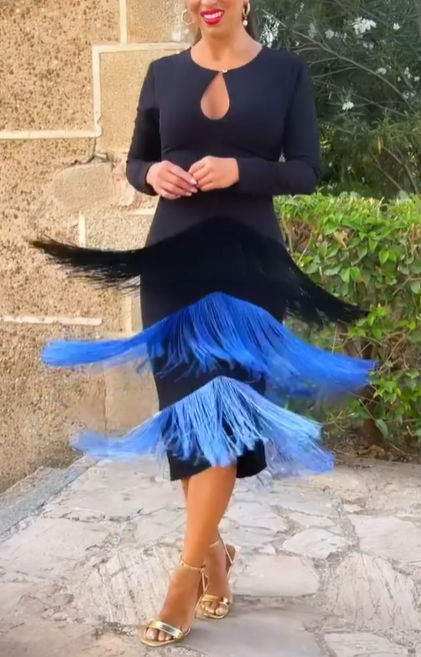 Tiered Fringe Long - Sleeve Dress