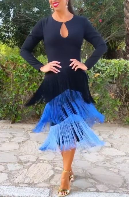 Tiered Fringe Long - Sleeve Dress