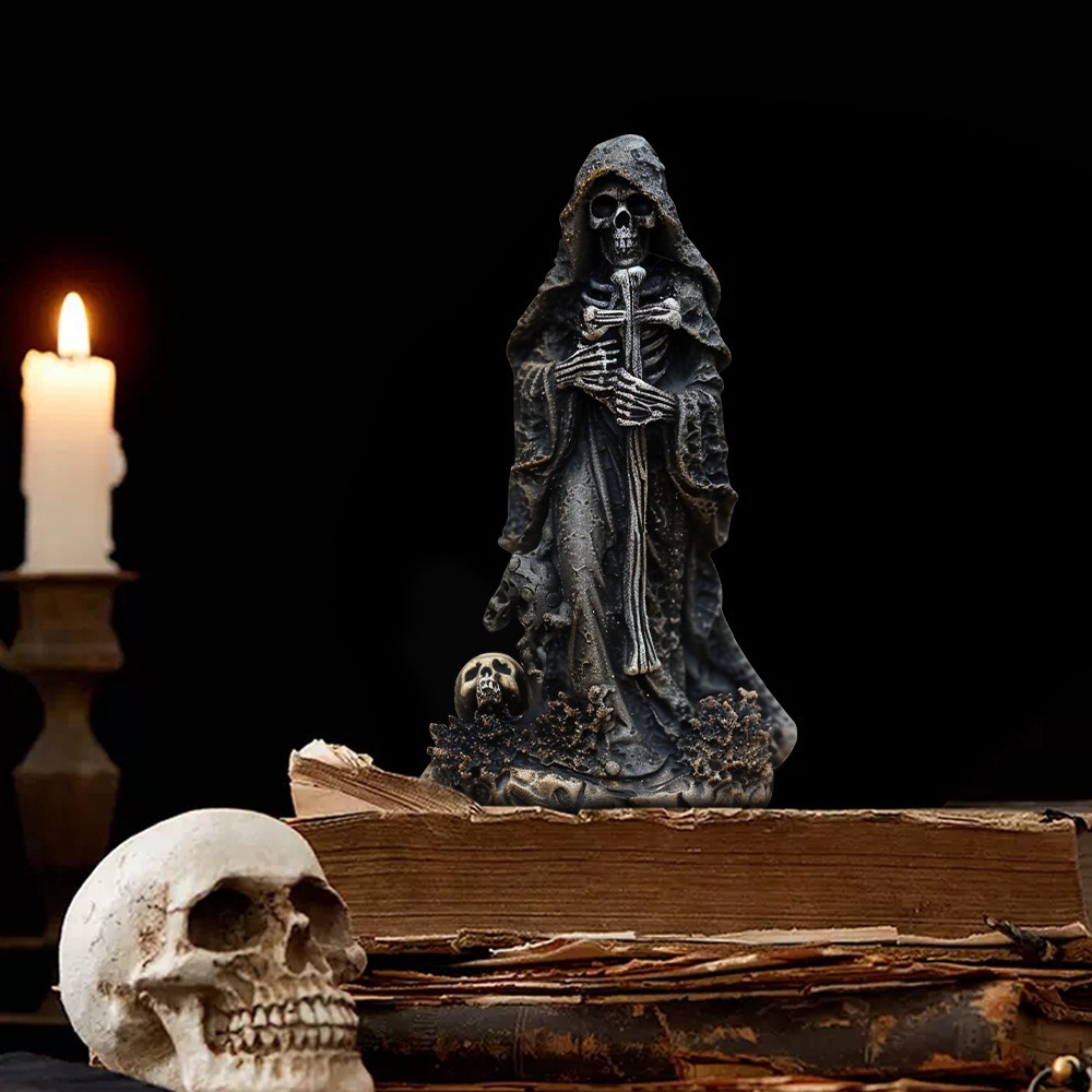Grim Reaper Statue Halloween Black Horror Robe Sculpture Gothic Resin 