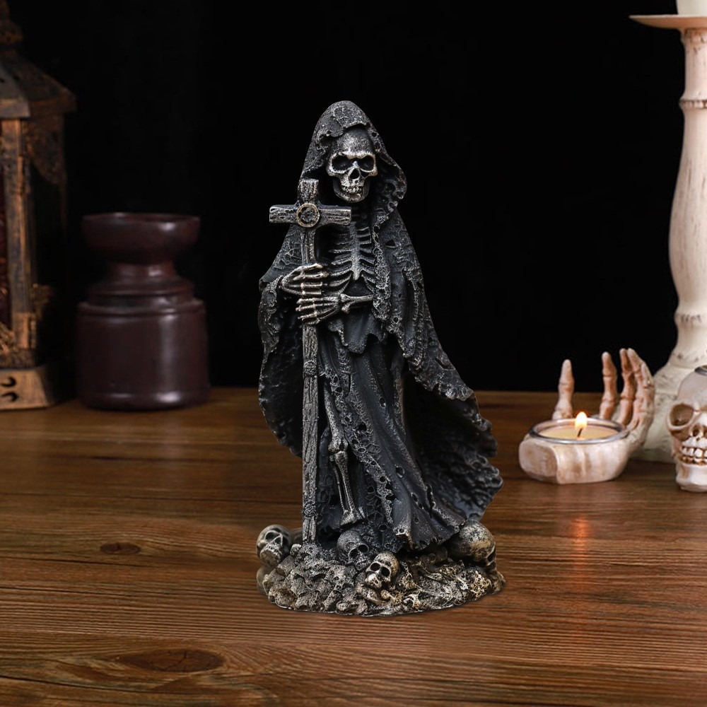 Grim Reaper Statue Halloween Black Horror Robe Sculpture Gothic Resin 