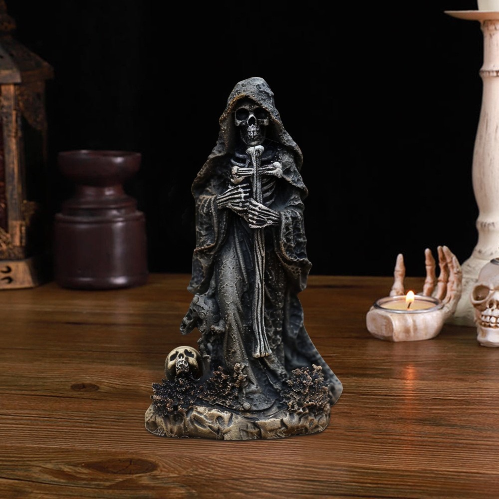 Grim Reaper Statue Halloween Black Horror Robe Sculpture Gothic Resin 