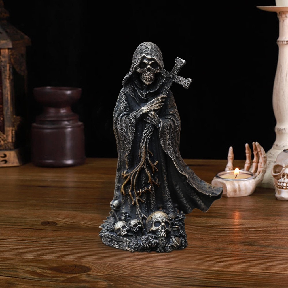 Grim Reaper Statue Halloween Black Horror Robe Sculpture Gothic Resin 