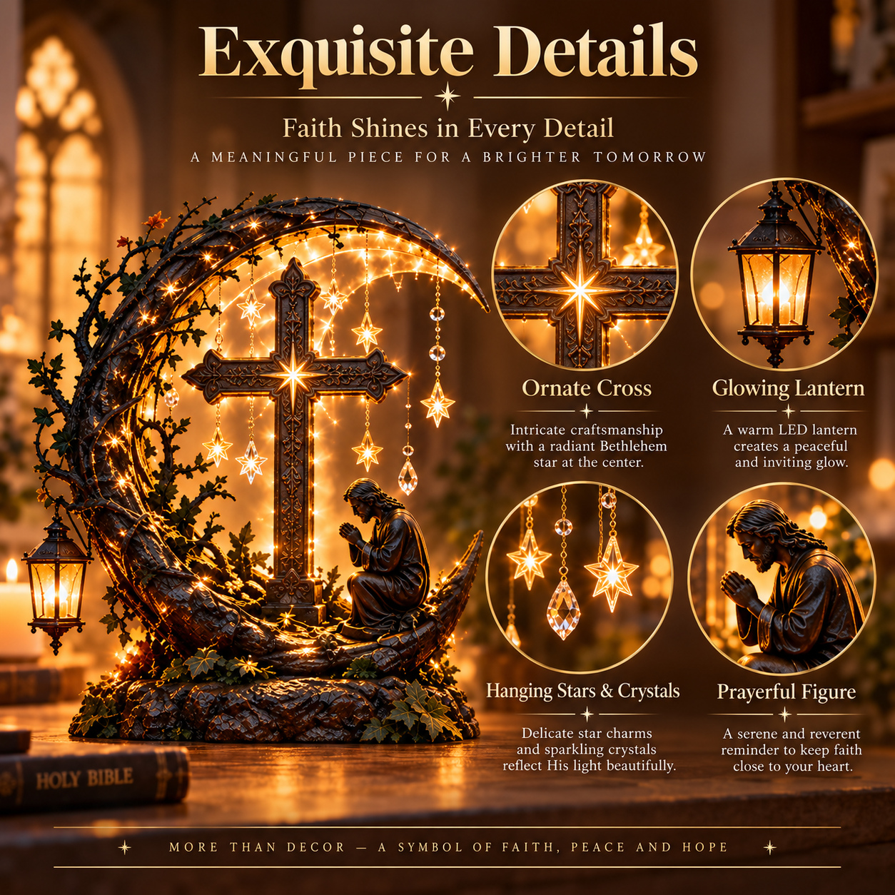Illuminated cross decor detail close-ups