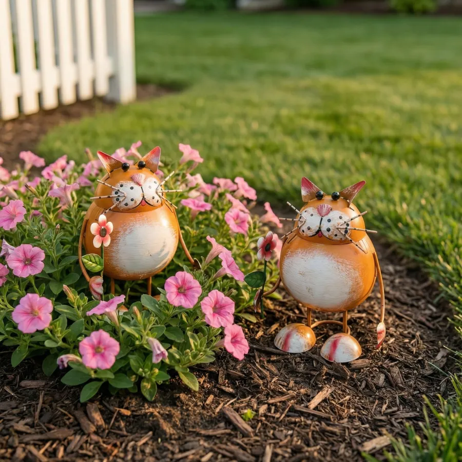 Whimsical Metal Cat Garden Statue with Flower
