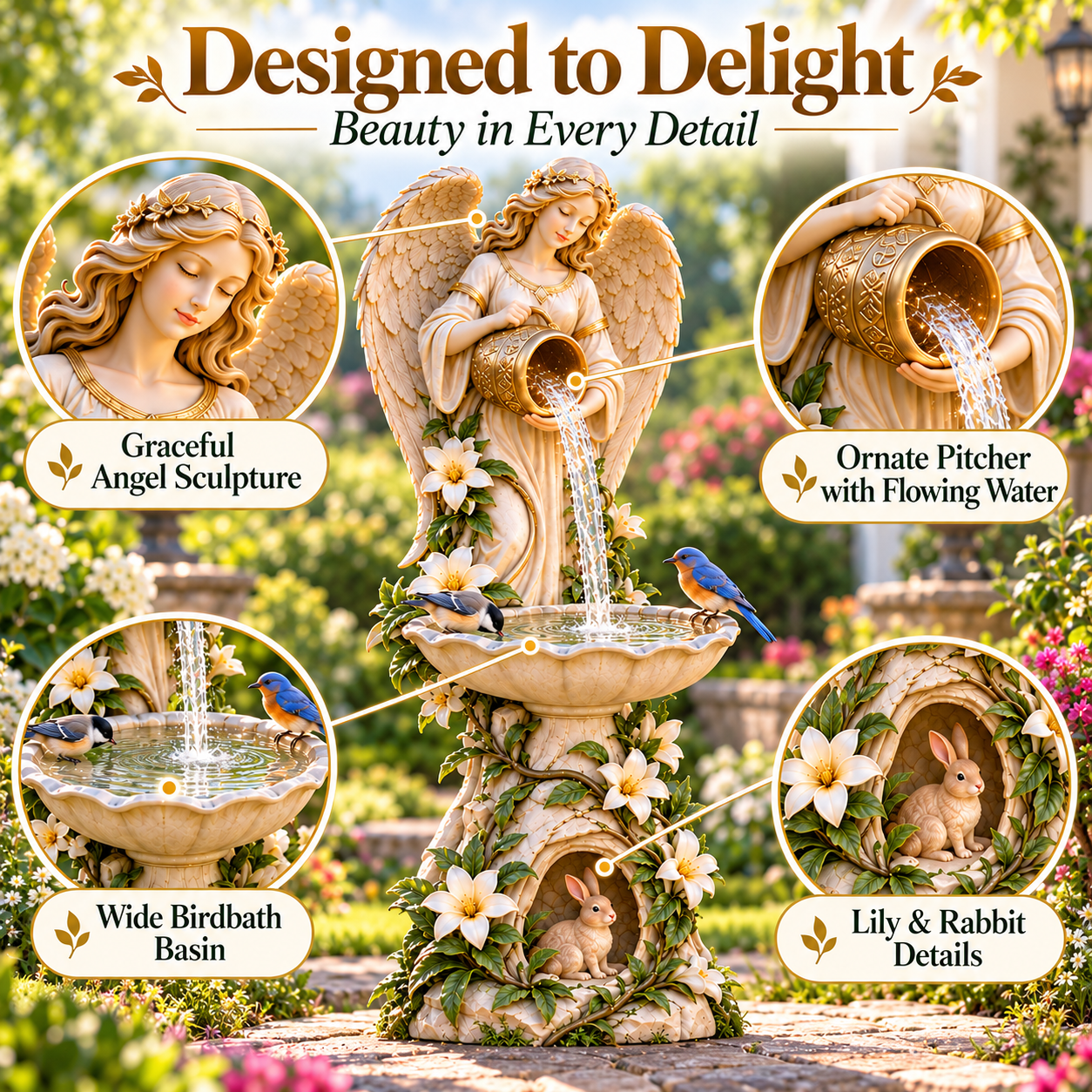 Close-up details of the angel, pitcher, birdbath basin, lilies, and rabbit