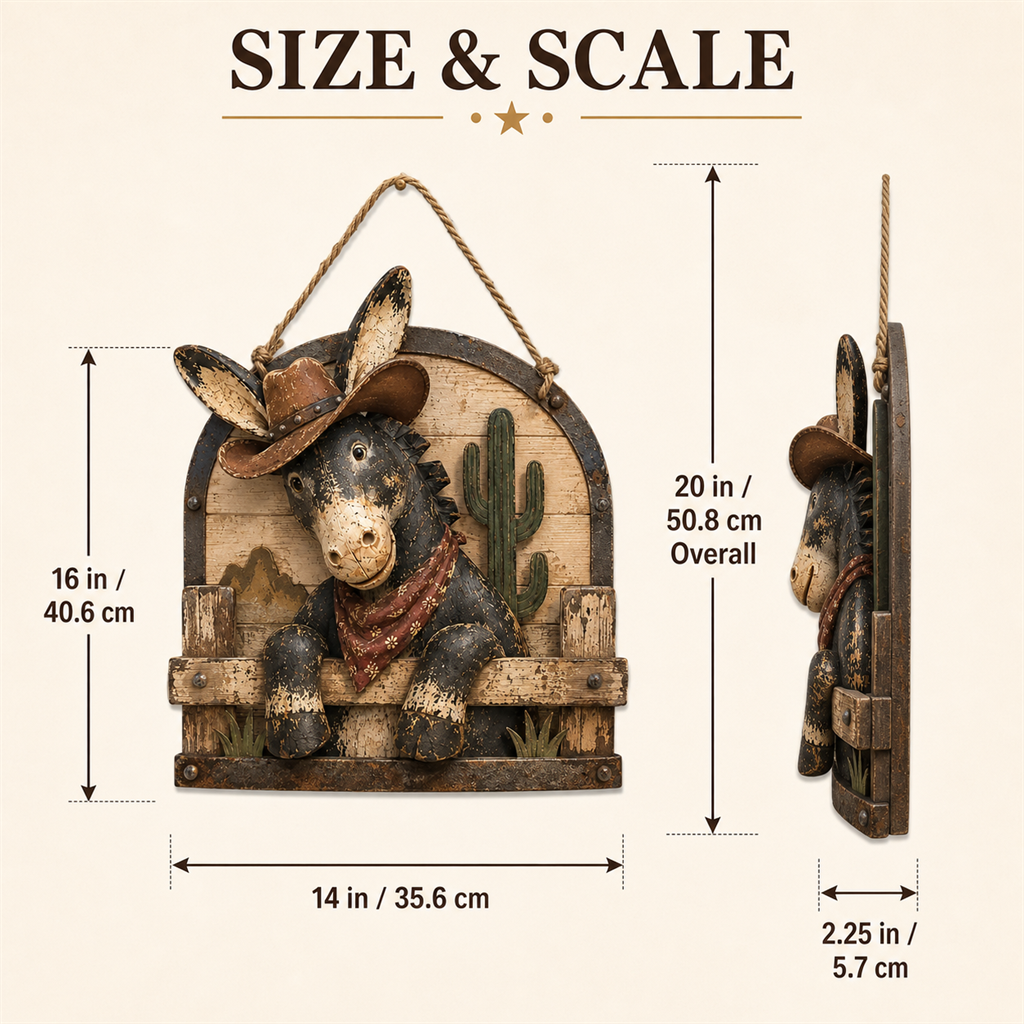 Rustic cowboy donkey wall hanging size and scale