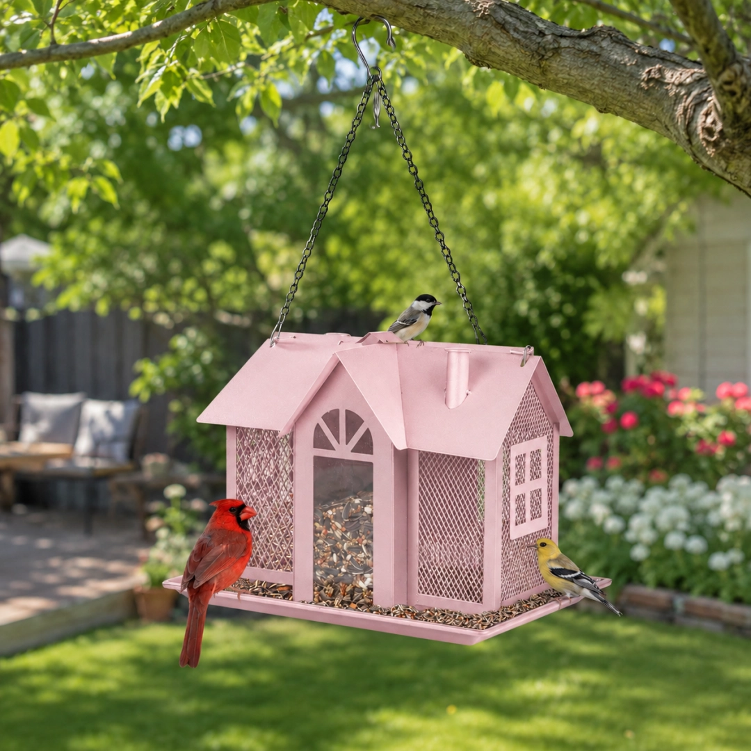 Hanging Metal Bird Feeder – House-Shaped Outdoor Seed Dispenser for Garden, Yard, or Balcony