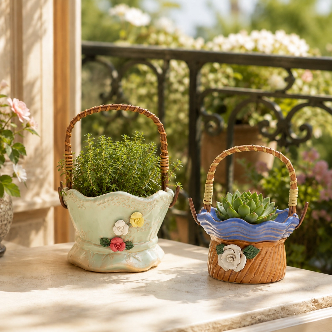 Ceramic Flower Basket Planter – Decorative Handcrafted Indoor & Outdoor Pots