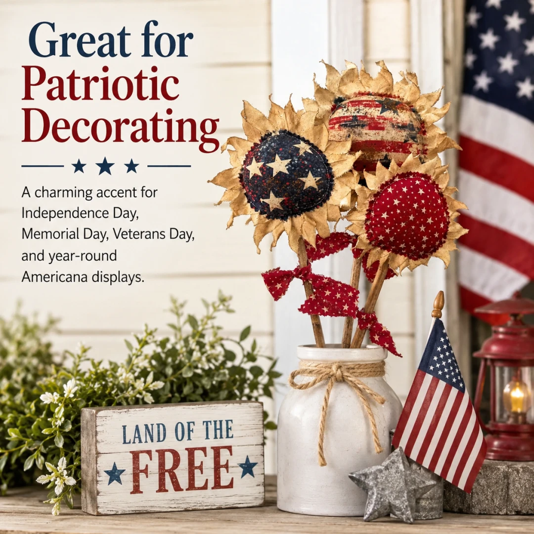 Primitive Americana Flower Picks Set of 3 – Rustic Patriotic Fabric Sunflower Decor