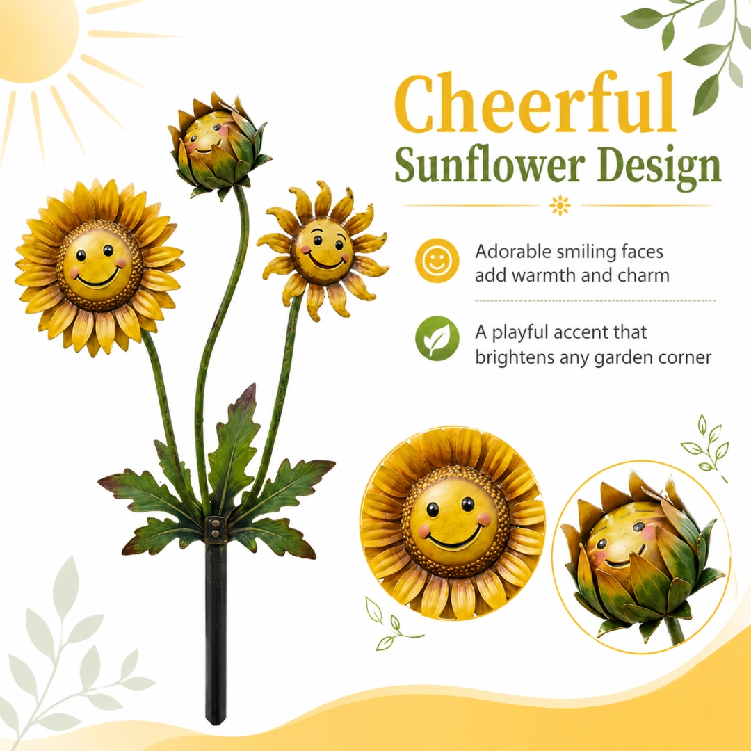 2D Smiling Sunflower Garden Stake Decor, Metal Flower Yard Art with Cute Face