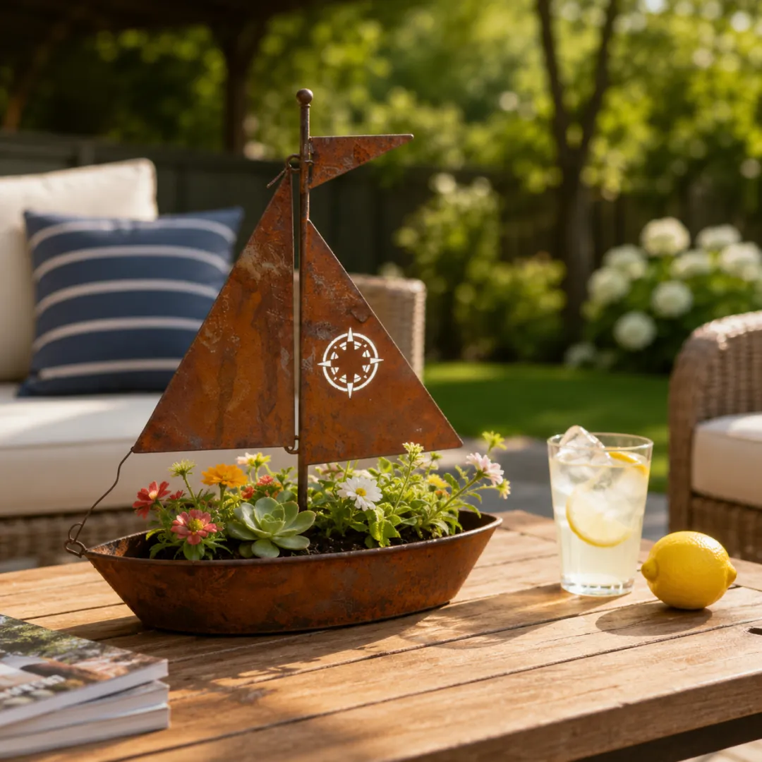 Rustic Sailboat Metal Planter