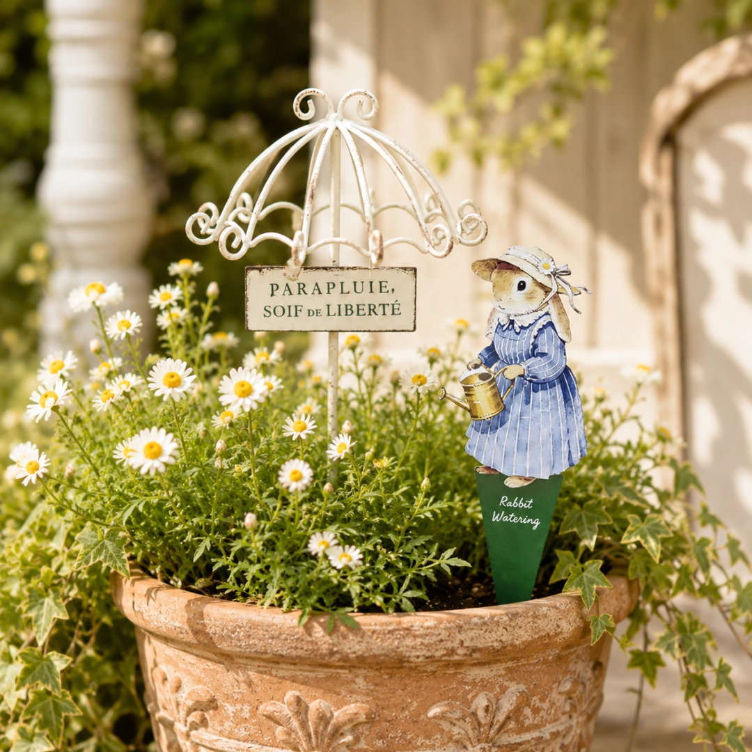Storybook Garden Stakes – Mini Umbrella with Cat & Bunny Planter Decor