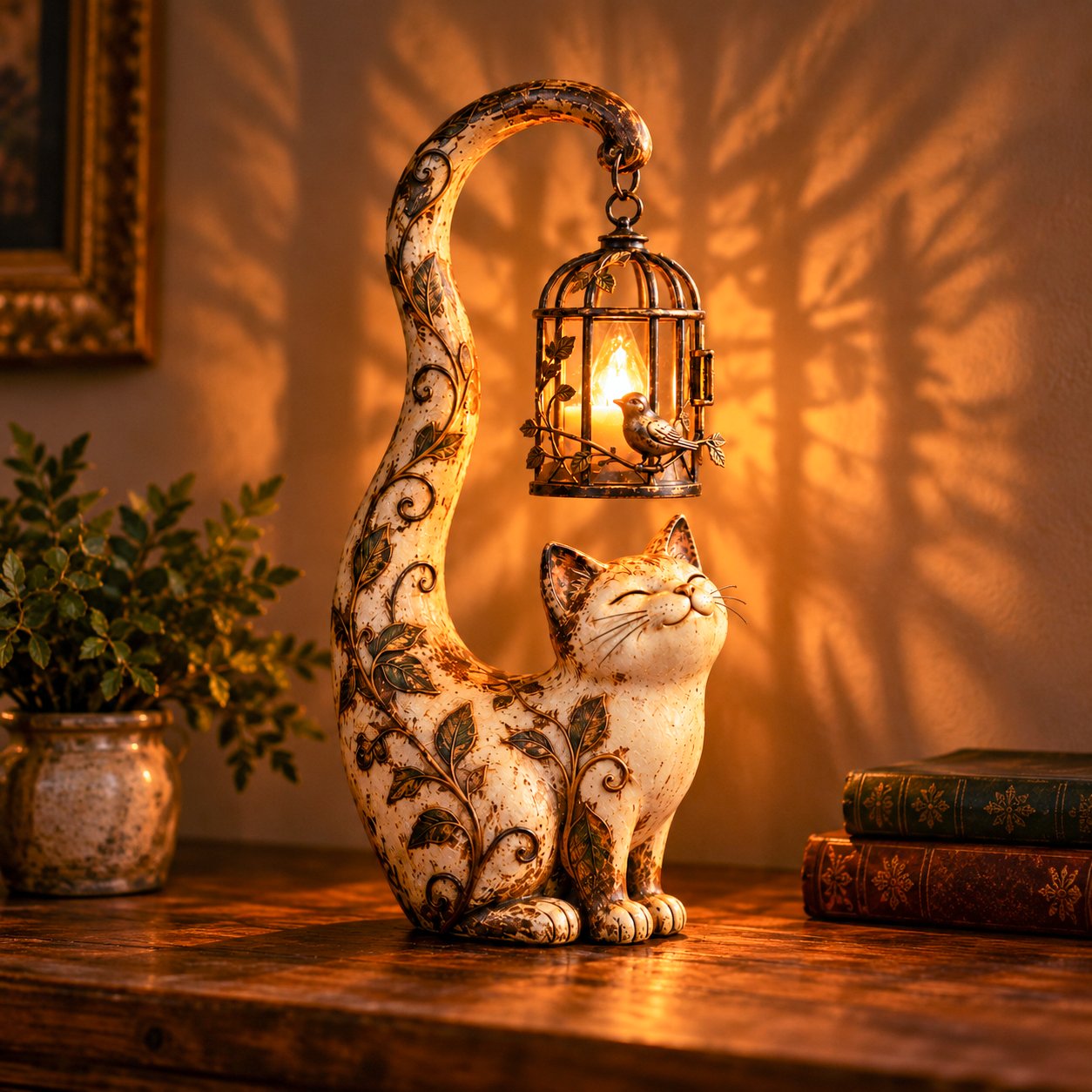 Vintage cat lantern displayed on cozy home shelf