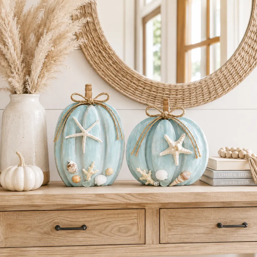 Coastal Wooden Pumpkin Tabletop Décor, Set of 3