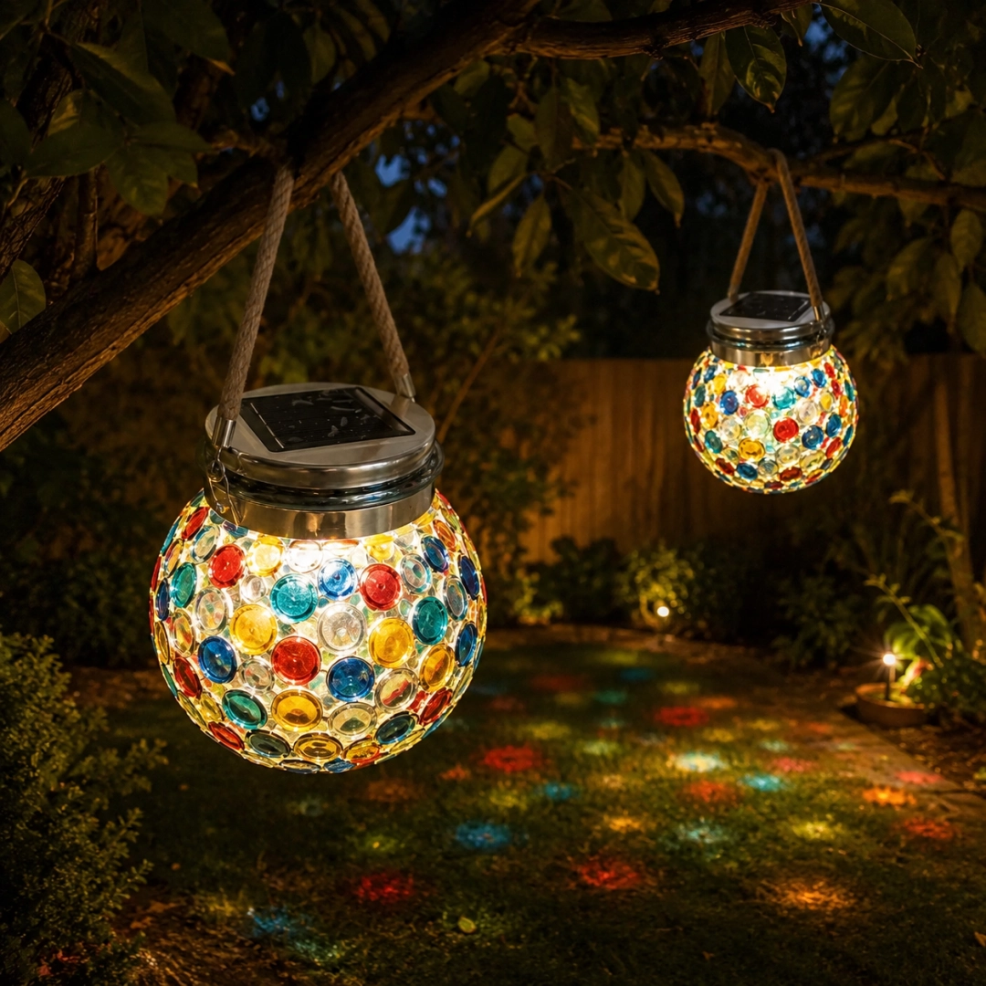 1pcs/Solar Mosaic Glass Lantern, Colorful Hanging Outdoor Garden Light