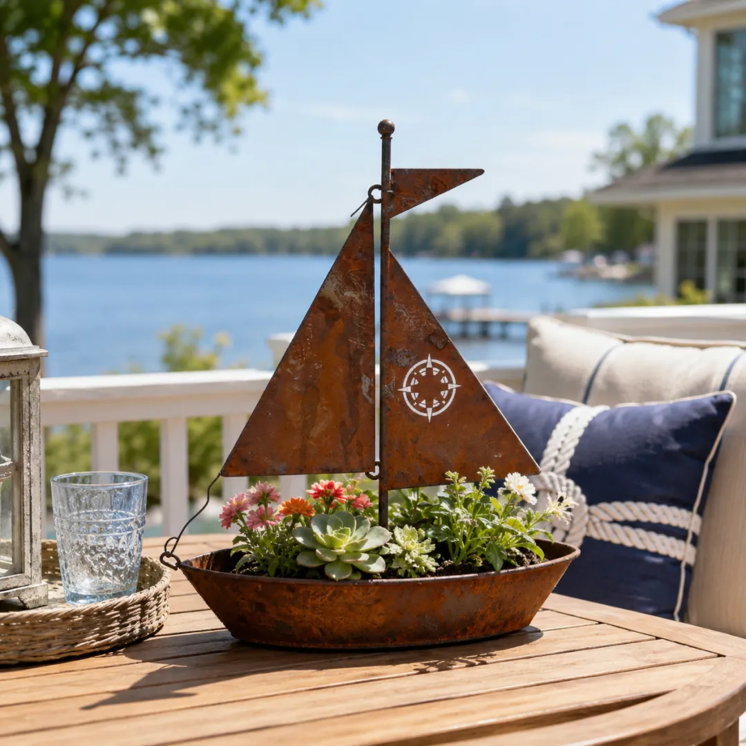 Rustic Sailboat Metal Planter
